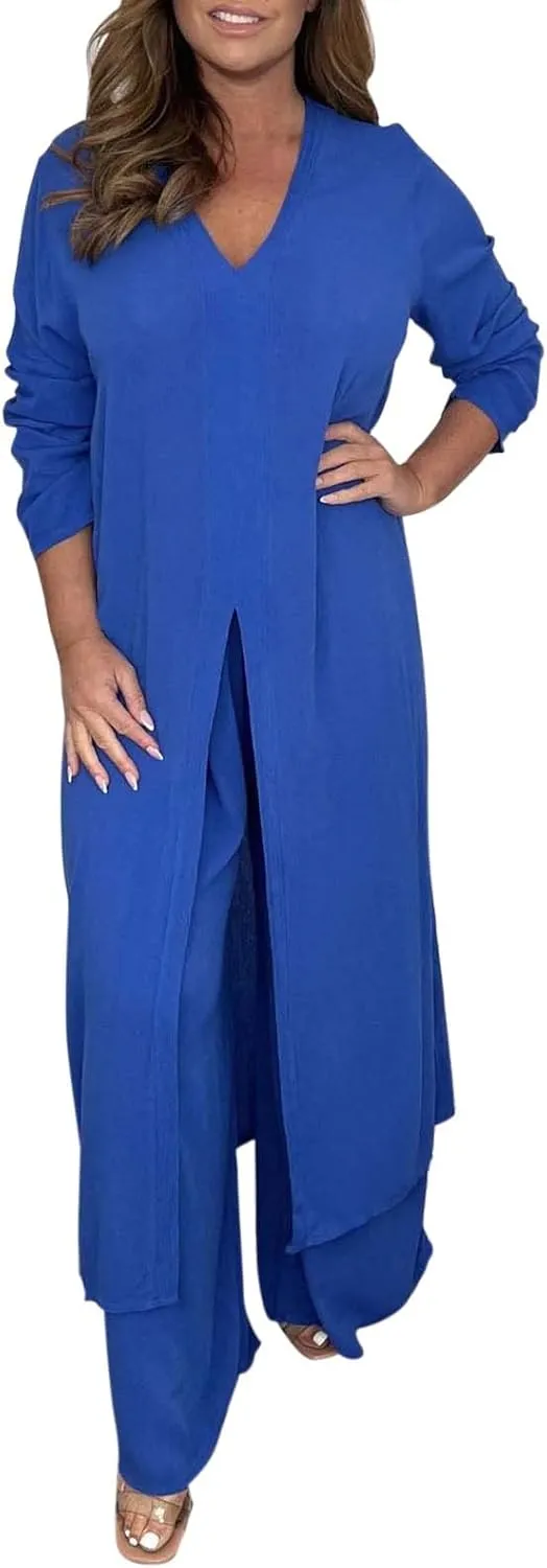 Women Summer 2 Piece Sets Front Split V-Neck Long Sleeve Dress Tops Flowy Beach Vacation Wide Leg Lounge Pants Outfits