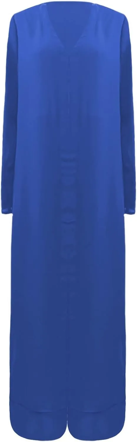 Women Summer 2 Piece Sets Front Split V-Neck Long Sleeve Dress Tops Flowy Beach Vacation Wide Leg Lounge Pants Outfits