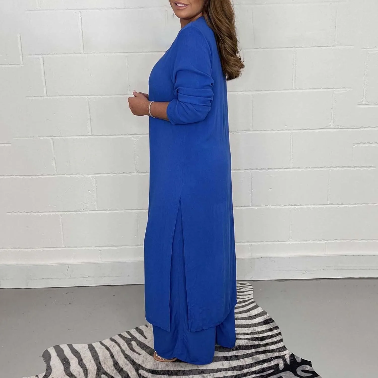 Women Summer 2 Piece Sets Front Split V-Neck Long Sleeve Dress Tops Flowy Beach Vacation Wide Leg Lounge Pants Outfits