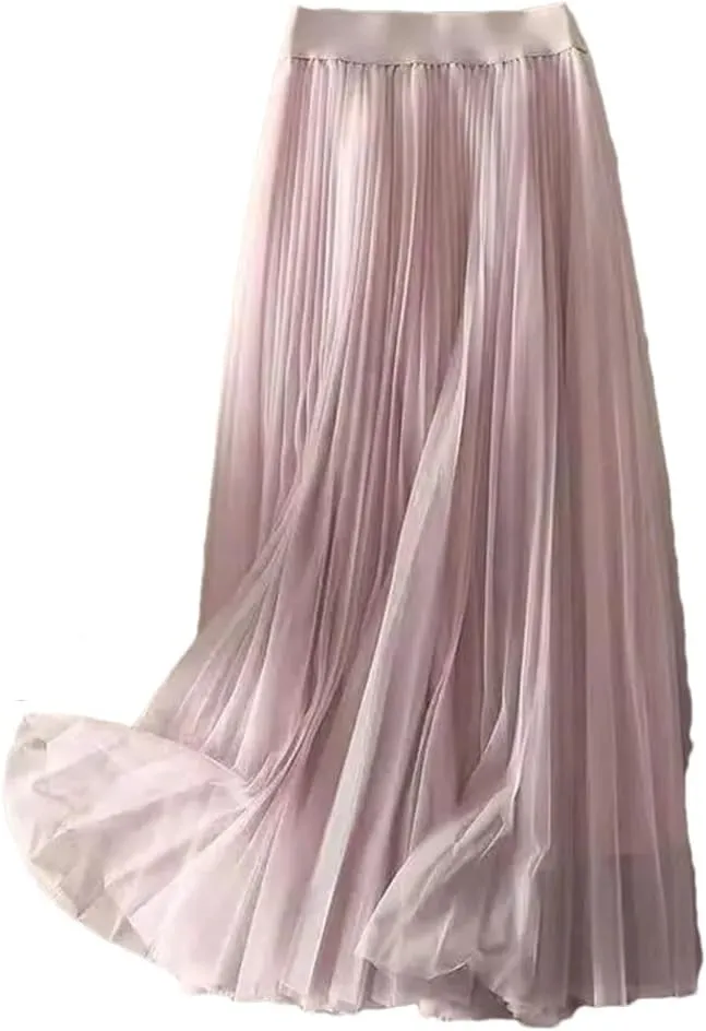 Women Summer Solid Color Pleated Mesh Skirt High Waisted Shirring Slim Casual Korean Lady Midi Skirts