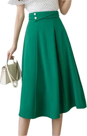 Women Vintage High Waist Mid Skirt Elegant Solid Buttons A-Line Swing Pleated Skirts