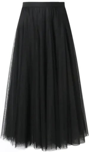 Women Vintage High Waist Pleated Skirt Midi A-Line Skirt Trendy Solid Color Below Knee Flowy Skirts Mesh Ballet Skirt