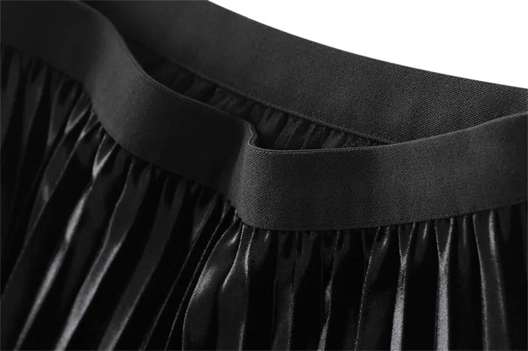 Women's Autumn Winter Mesh A-Line Pleated Midi Skirts High Waist Casual Tulle Skirt Reversible