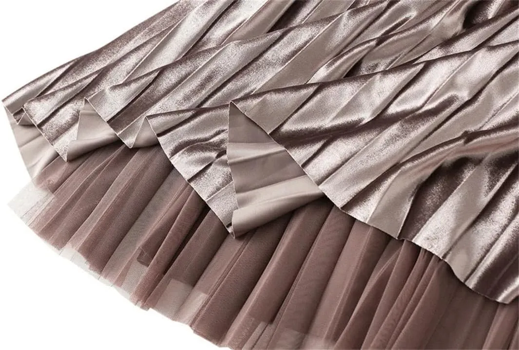 Women's Autumn Winter Mesh A-Line Pleated Midi Skirts High Waist Casual Tulle Skirt Reversible