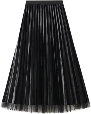Women's Autumn Winter Mesh A-Line Pleated Midi Skirts High Waist Casual Tulle Skirt Reversible