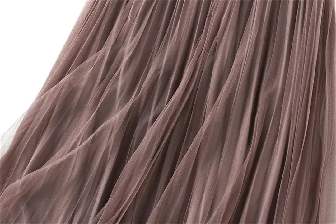 Women's Autumn Winter Mesh A-Line Pleated Midi Skirts High Waist Casual Tulle Skirt Reversible