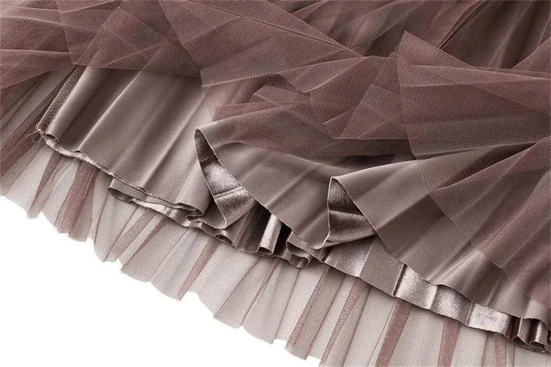Women's Autumn Winter Mesh A-Line Pleated Midi Skirts High Waist Casual Tulle Skirt Reversible