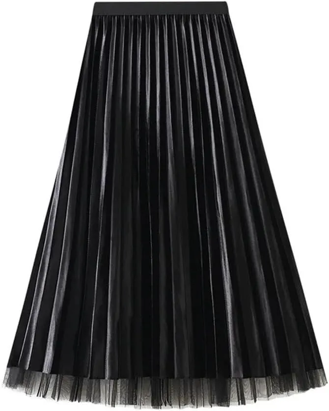 Women's Autumn Winter Mesh A-Line Pleated Midi Skirts High Waist Casual Tulle Skirt Reversible