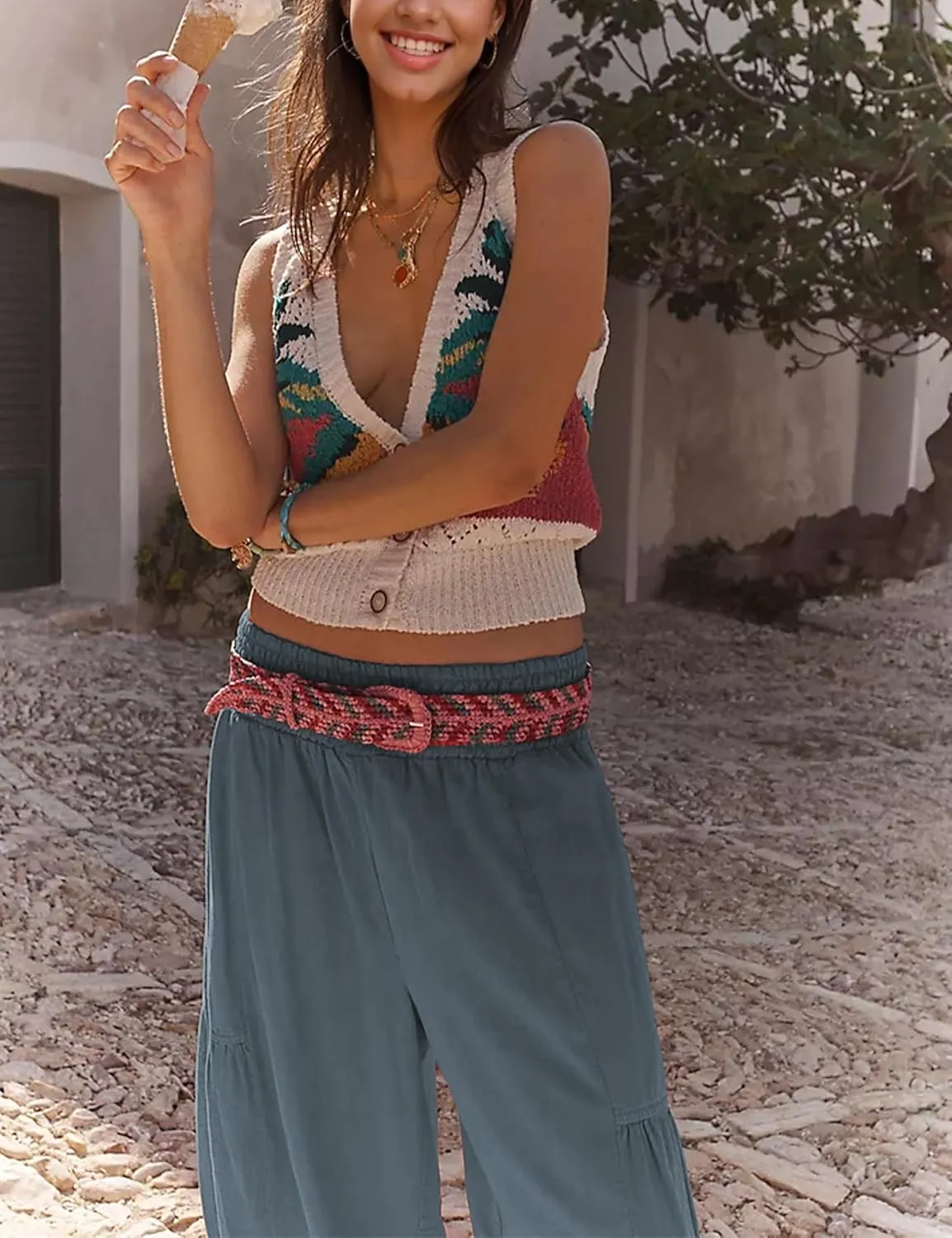Womens Baggy Wide Leg Pants Casual Elastic Waist and Ankles Bohemian Palazzo Harem Pants with Pockets