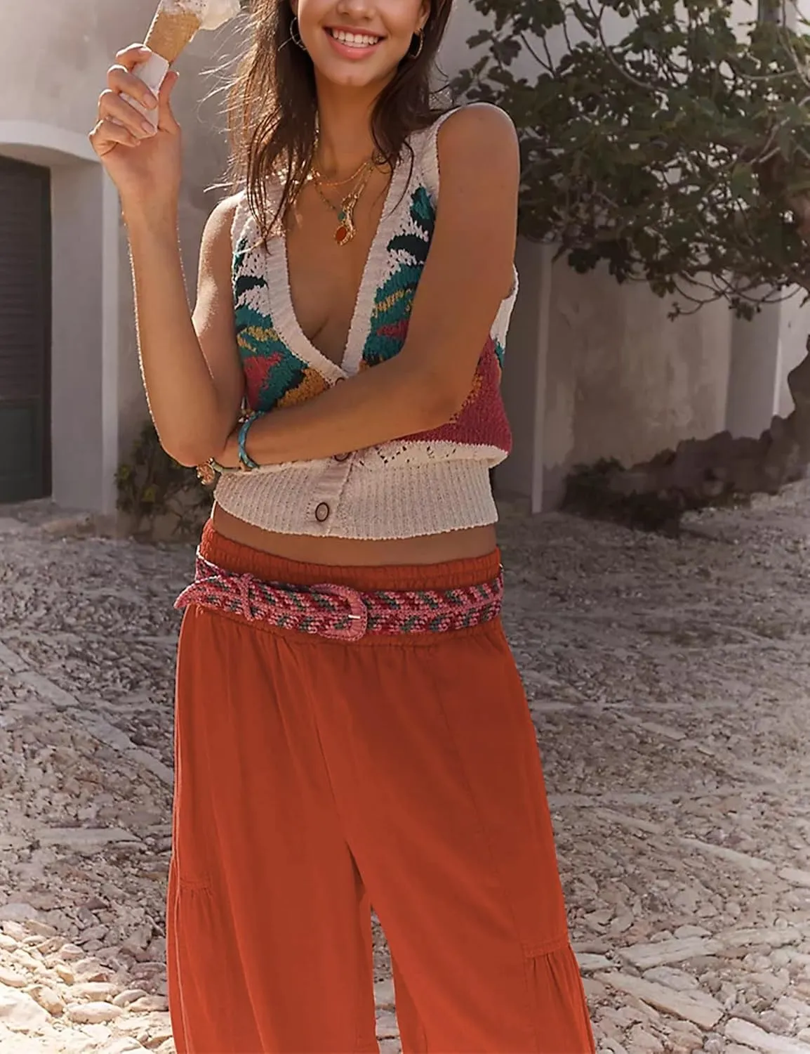 Womens Baggy Wide Leg Pants Casual Elastic Waist and Ankles Bohemian Palazzo Harem Pants with Pockets