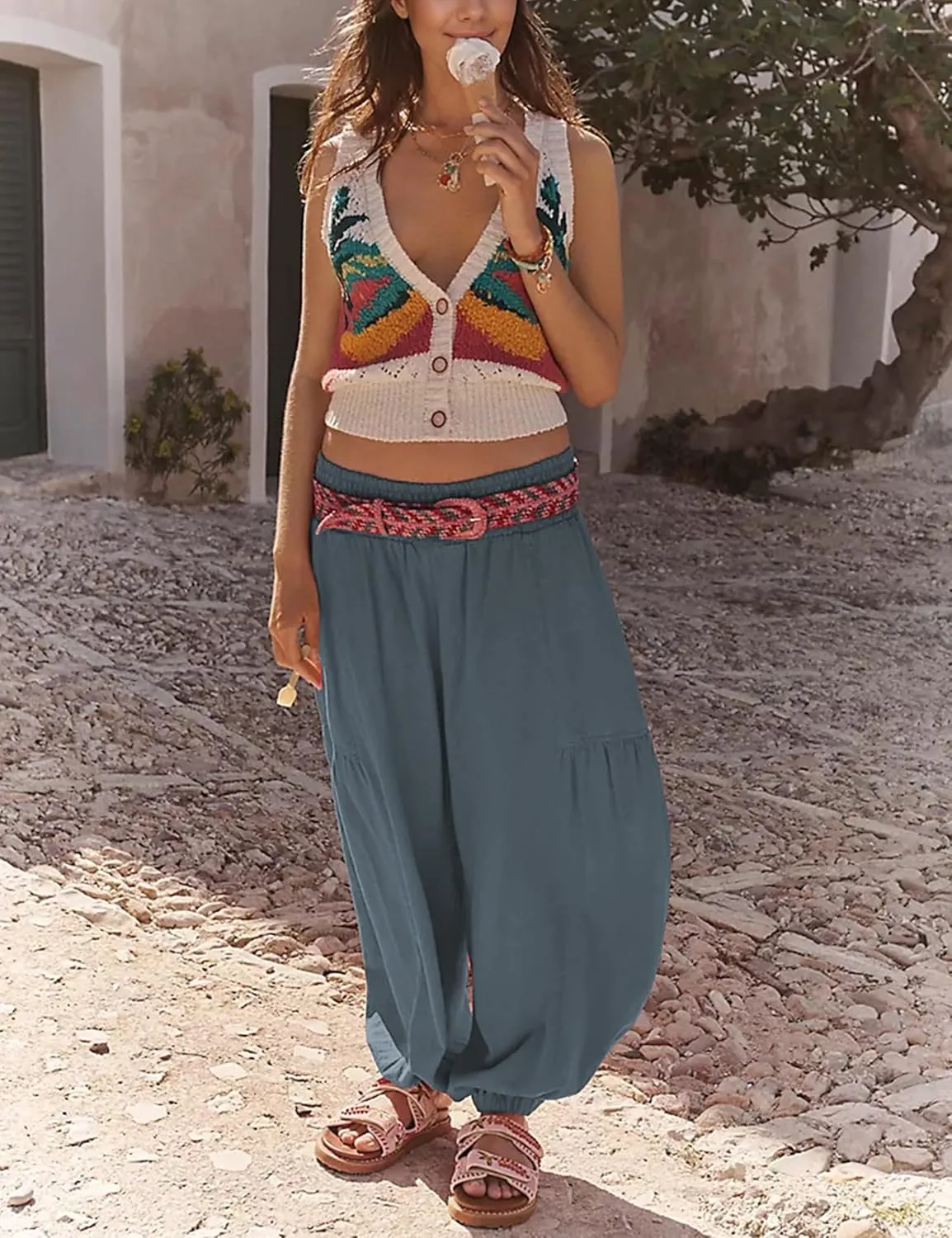 Womens Baggy Wide Leg Pants Casual Elastic Waist and Ankles Bohemian Palazzo Harem Pants with Pockets