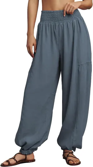 Womens Baggy Wide Leg Pants Casual Elastic Waist and Ankles Bohemian Palazzo Harem Pants with Pockets
