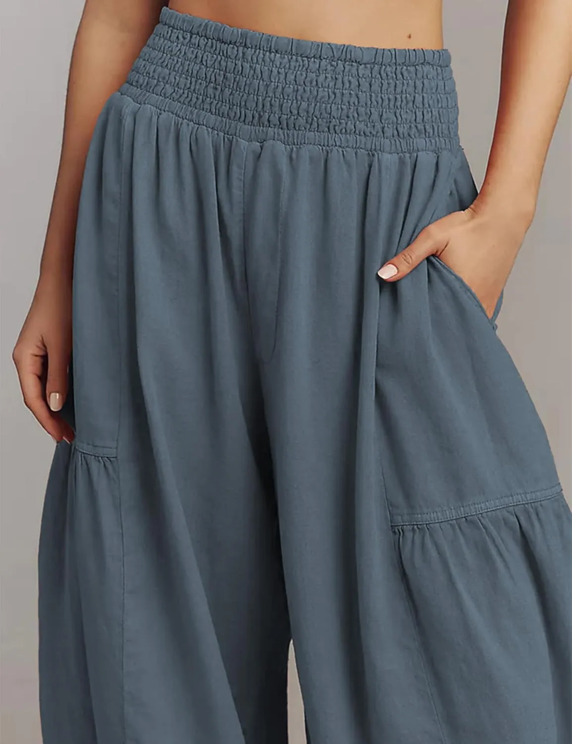 Womens Baggy Wide Leg Pants Casual Elastic Waist and Ankles Bohemian Palazzo Harem Pants with Pockets