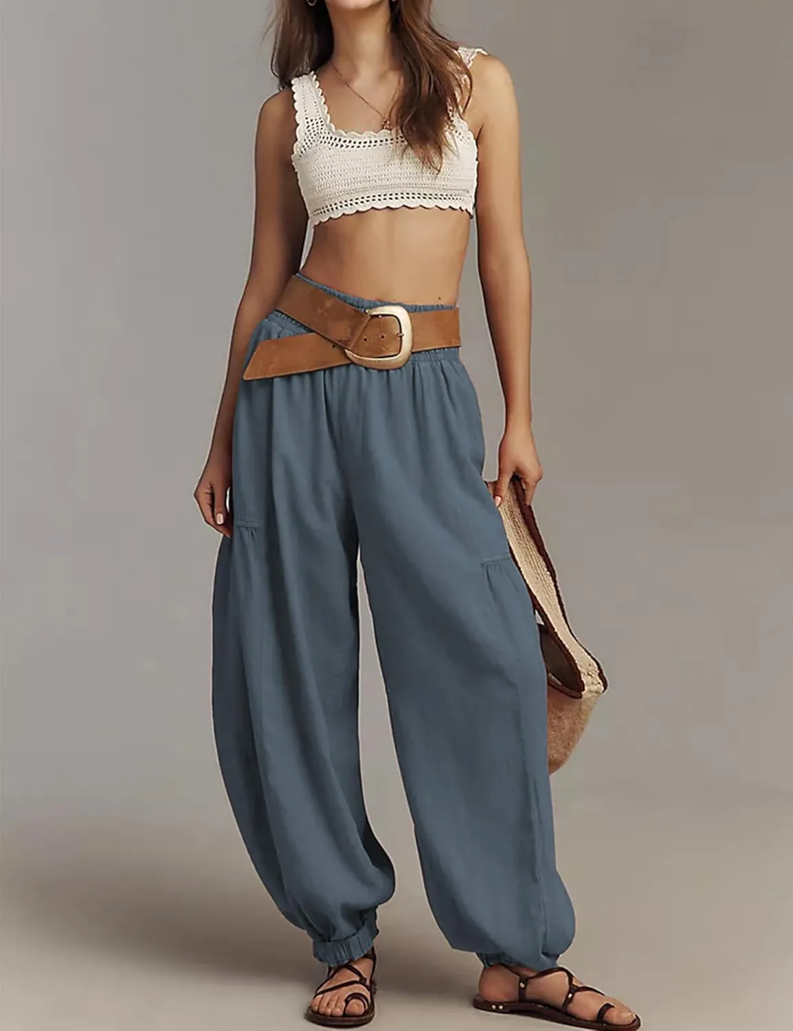 Womens Baggy Wide Leg Pants Casual Elastic Waist and Ankles Bohemian Palazzo Harem Pants with Pockets