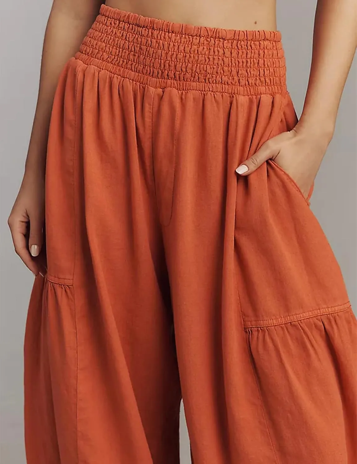 Womens Baggy Wide Leg Pants Casual Elastic Waist and Ankles Bohemian Palazzo Harem Pants with Pockets