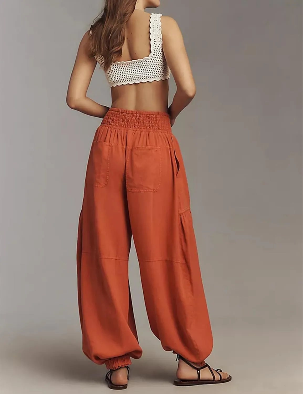 Womens Baggy Wide Leg Pants Casual Elastic Waist and Ankles Bohemian Palazzo Harem Pants with Pockets