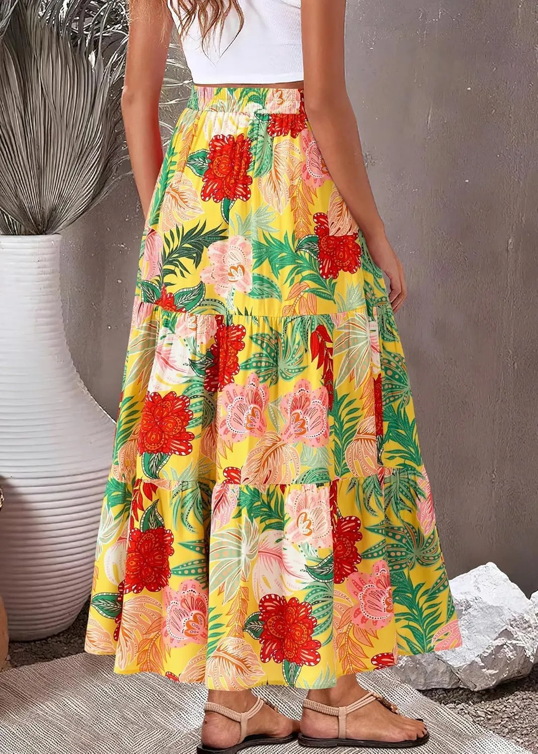 Womens Boho Floral Maxi Skirts Summer Pleated Long Skirt Flowy High Waisted A Line Skirt Casual Beach