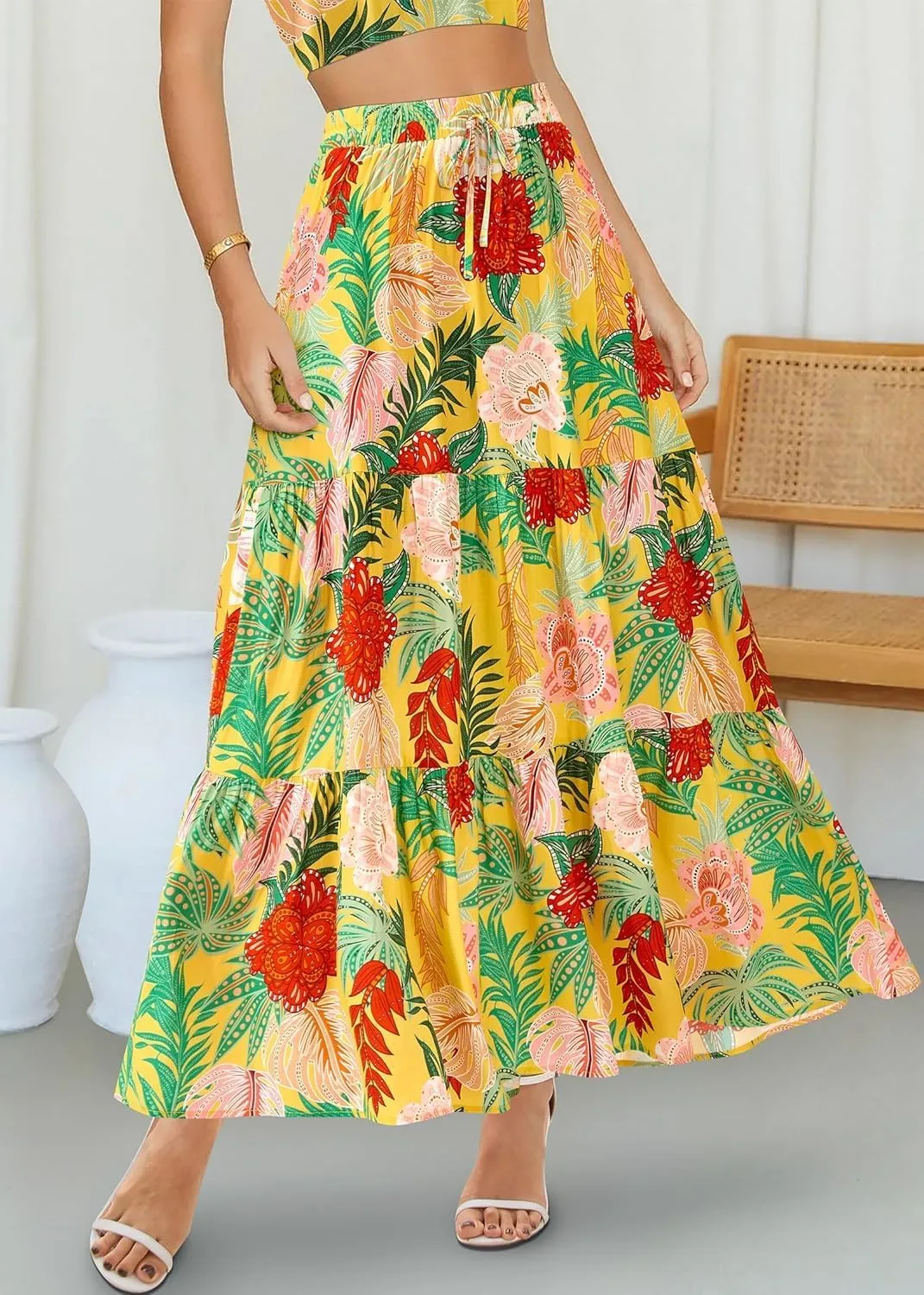 Womens Boho Floral Maxi Skirts Summer Pleated Long Skirt Flowy High Waisted A Line Skirt Casual Beach