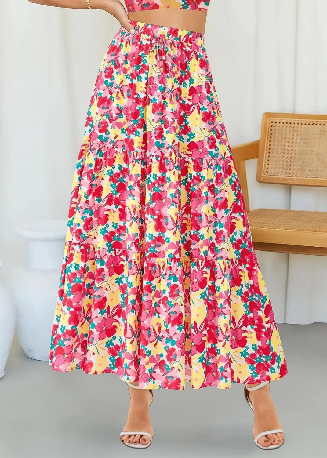 Womens Boho Floral Maxi Skirts Summer Pleated Long Skirt Flowy High Waisted A Line Skirt Casual Beach