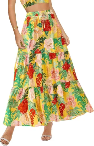 Womens Boho Floral Maxi Skirts Summer Pleated Long Skirt Flowy High Waisted A Line Skirt Casual Beach