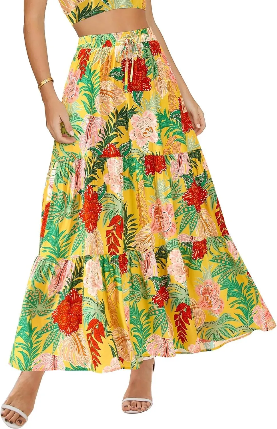 Womens Boho Floral Maxi Skirts Summer Pleated Long Skirt Flowy High Waisted A Line Skirt Casual Beach