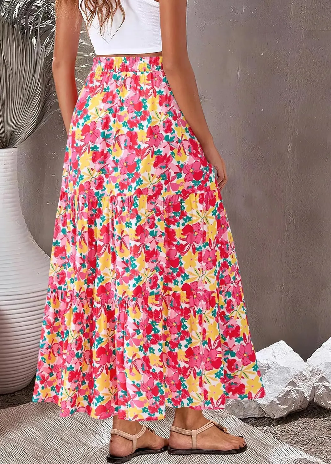 Womens Boho Floral Maxi Skirts Summer Pleated Long Skirt Flowy High Waisted A Line Skirt Casual Beach