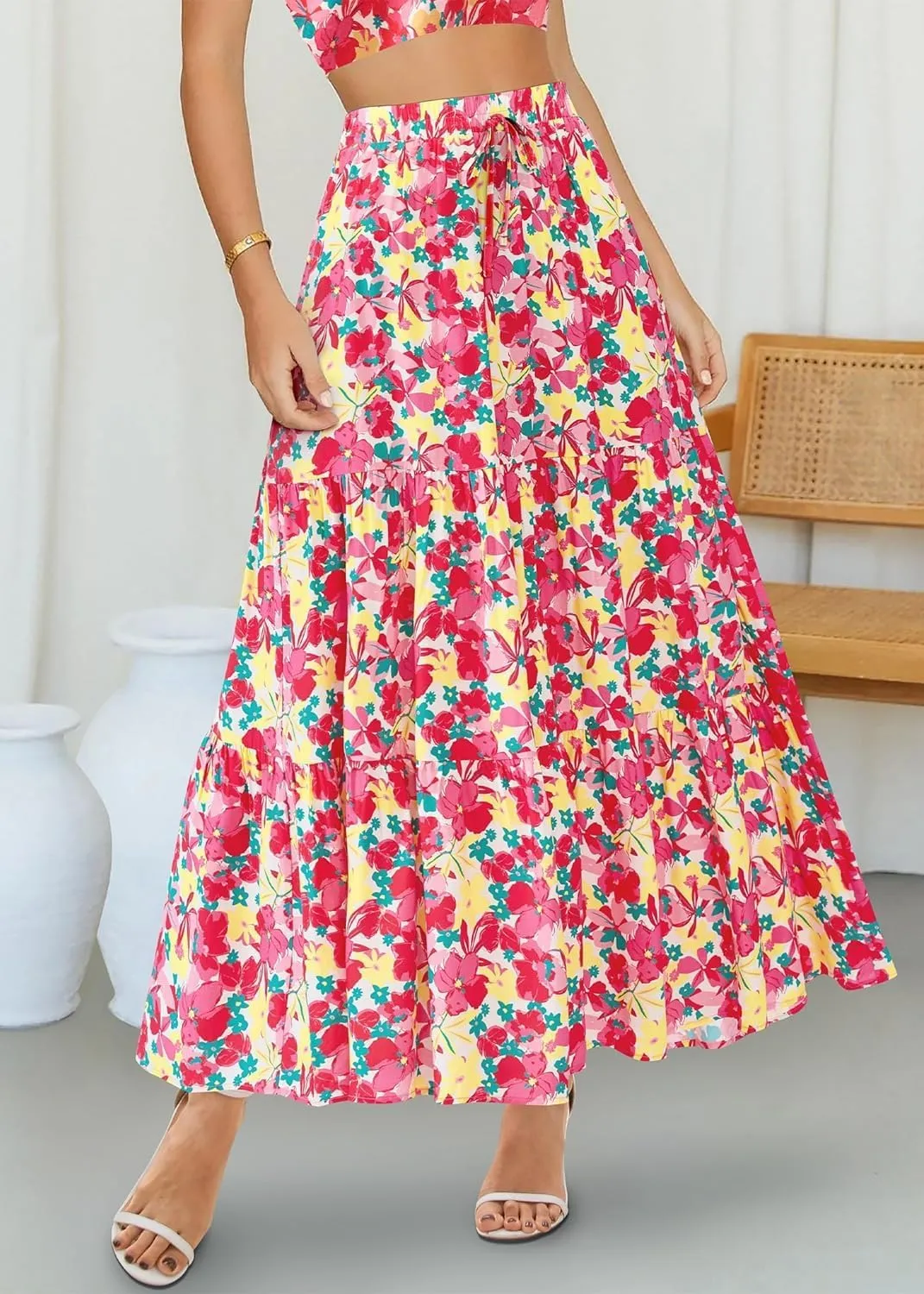 Womens Boho Floral Maxi Skirts Summer Pleated Long Skirt Flowy High Waisted A Line Skirt Casual Beach