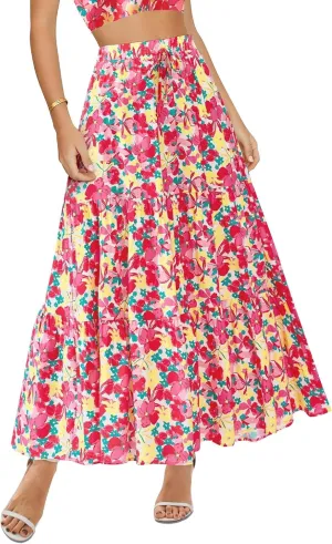 Womens Boho Floral Maxi Skirts Summer Pleated Long Skirt Flowy High Waisted A Line Skirt Casual Beach