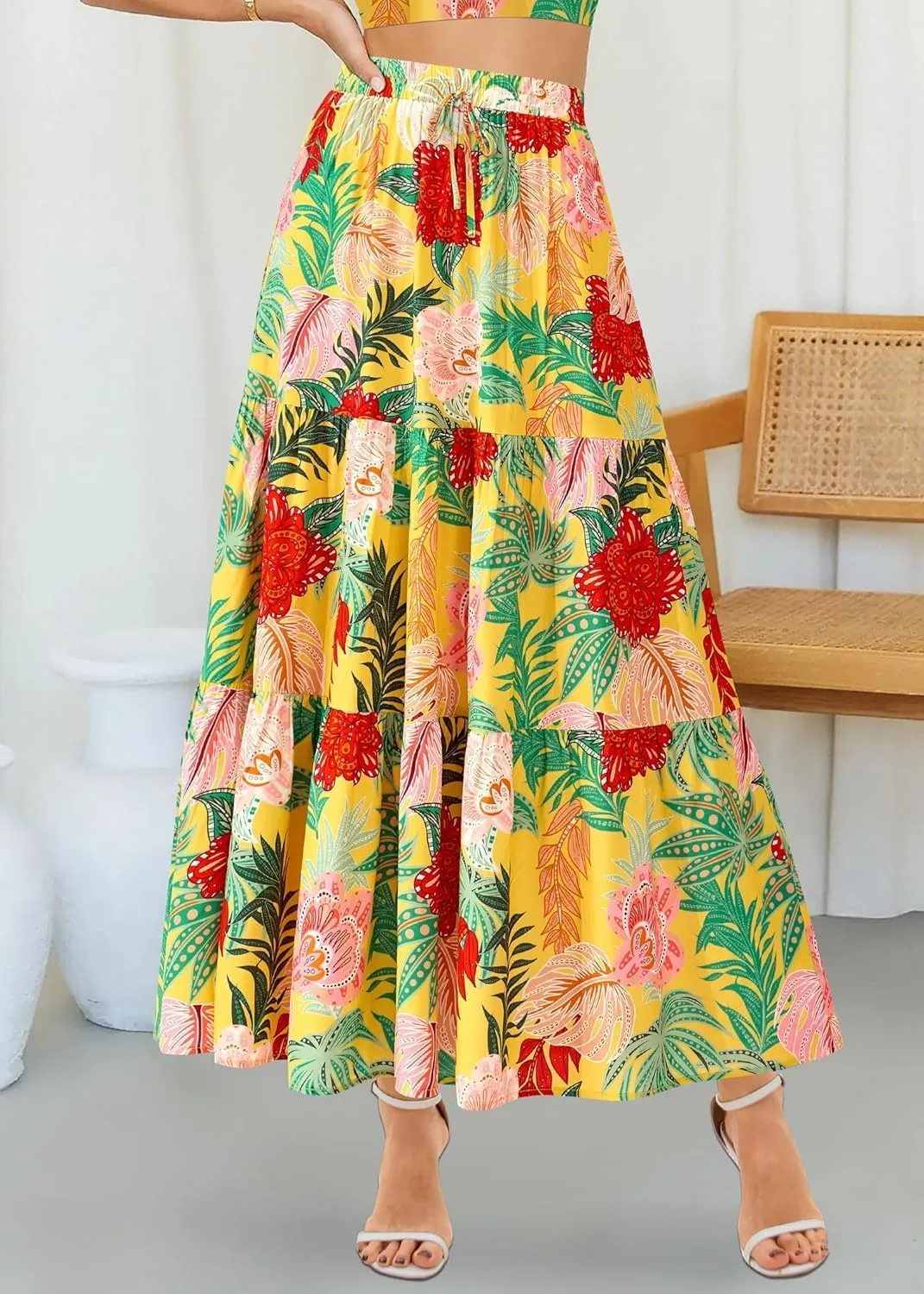 Womens Boho Floral Maxi Skirts Summer Pleated Long Skirt Flowy High Waisted A Line Skirt Casual Beach
