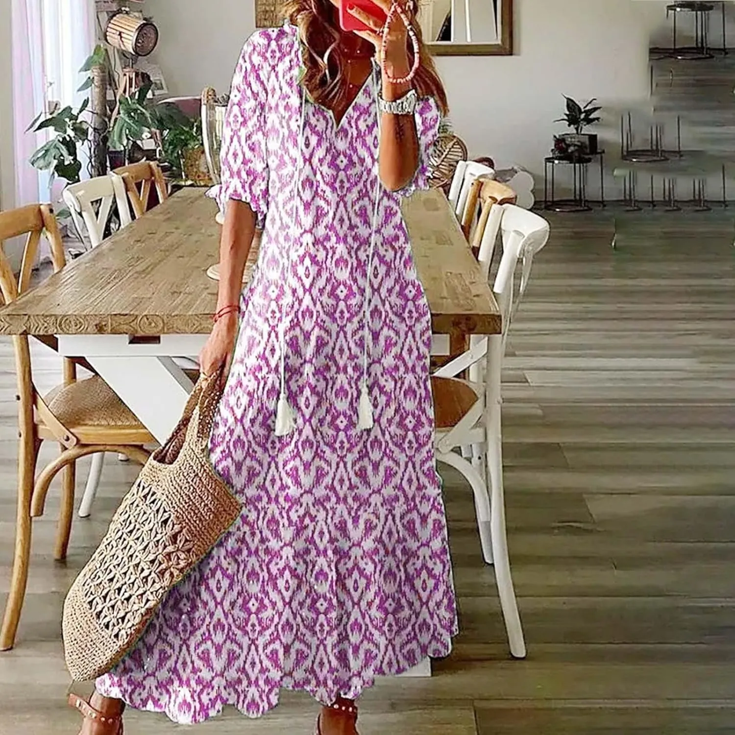 Womens Boho Flowy Maxi Dresses 2024 Summer V Neck Short Sleeve Bohemian Casual Beach Vacation Tropical Hawaiian Sundress