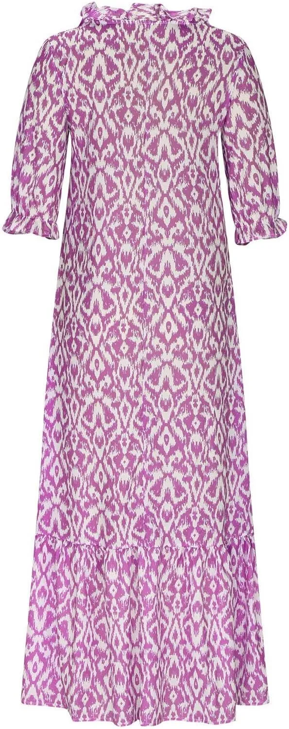 Womens Boho Flowy Maxi Dresses 2024 Summer V Neck Short Sleeve Bohemian Casual Beach Vacation Tropical Hawaiian Sundress