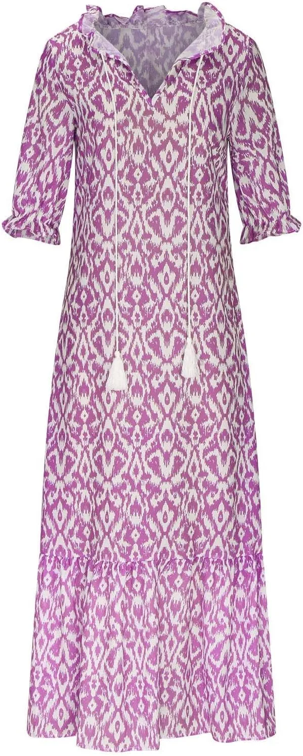 Womens Boho Flowy Maxi Dresses 2024 Summer V Neck Short Sleeve Bohemian Casual Beach Vacation Tropical Hawaiian Sundress