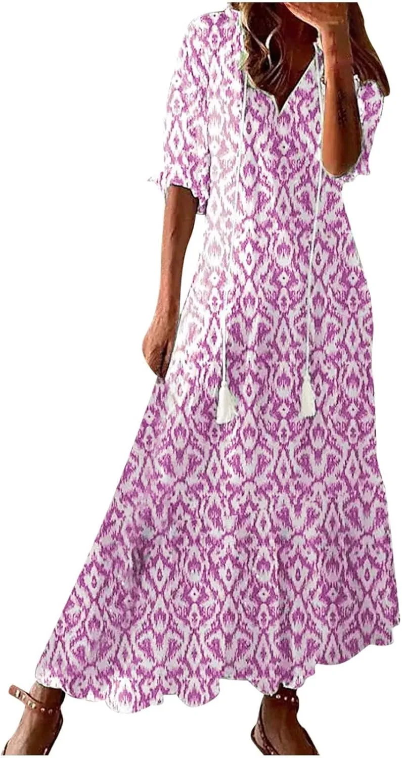 Womens Boho Flowy Maxi Dresses 2024 Summer V Neck Short Sleeve Bohemian Casual Beach Vacation Tropical Hawaiian Sundress