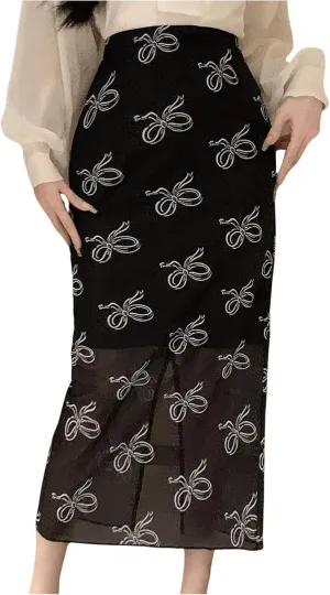 Women's Bowknot Print High Waisted Long Skirt Elegant Bodycon Mesh Midi Skirts