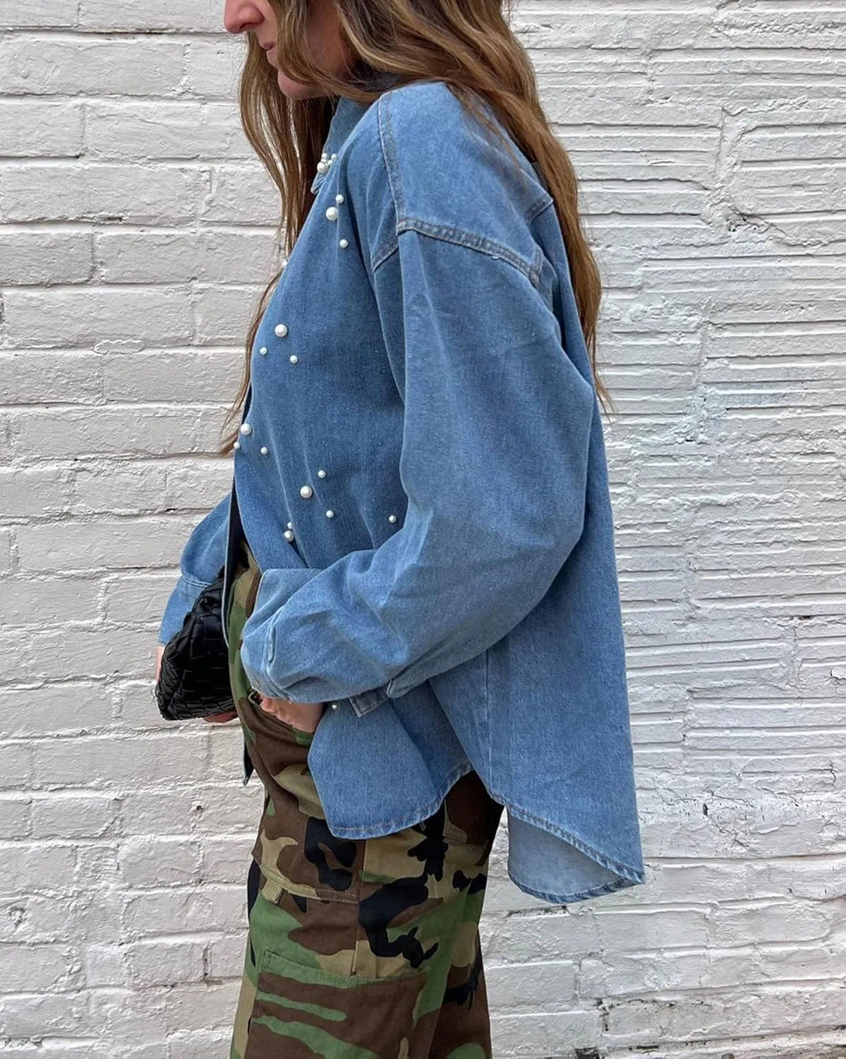 Women's Button Down Denim Shirt Pearl Beading Collared Casual Long Sleeve V Neck Jean Tops
