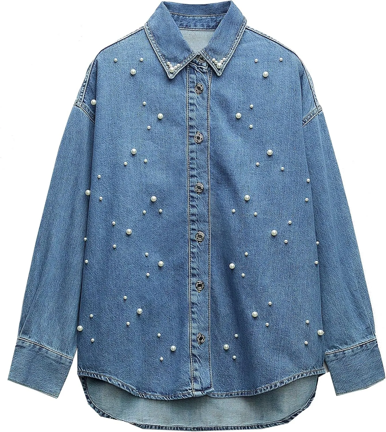 Women's Button Down Denim Shirt Pearl Beading Collared Casual Long Sleeve V Neck Jean Tops