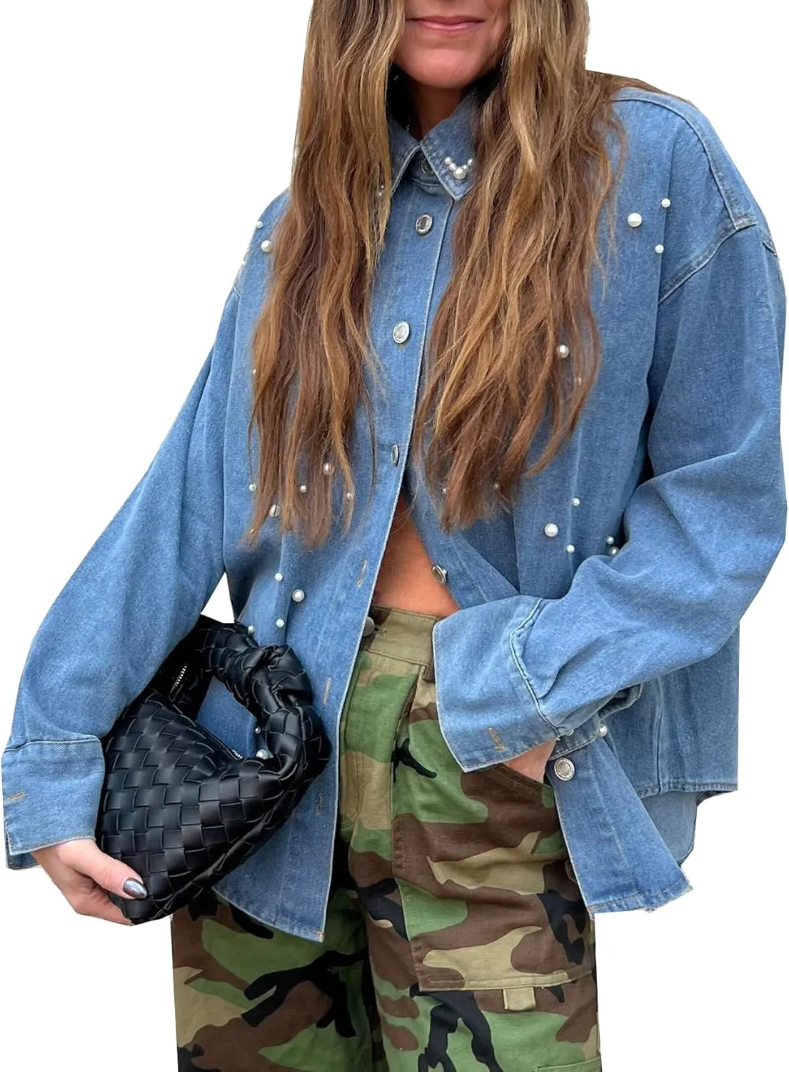 Women's Button Down Denim Shirt Pearl Beading Collared Casual Long Sleeve V Neck Jean Tops