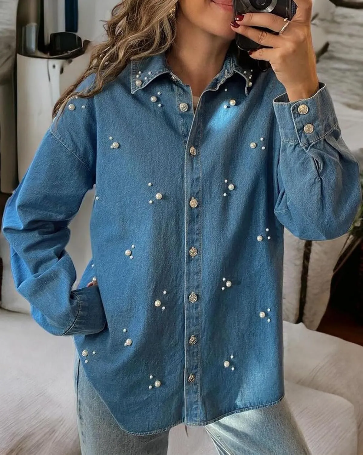 Women's Button Down Denim Shirt Pearl Beading Collared Casual Long Sleeve V Neck Jean Tops