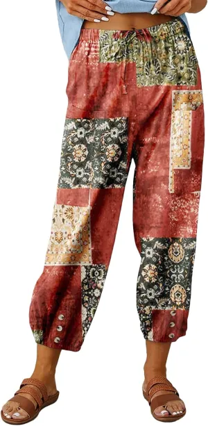 Women's Capri Pants High Waist Drawstring Cinch Bottom with Button Cotton Loose Casual Trouser with Pockets
