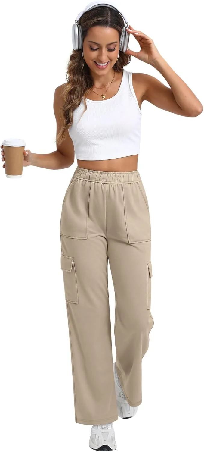 Women's Cargo Sweatpants with Pockets, High Waist Wide Leg Hiking Pants Casual Baggy Athletic Joggers Winter Fall
