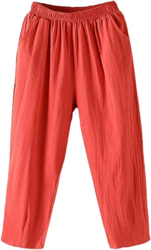 Women's Casual Cotton Linen Harem Pants Loose Solid Elastic Waist Ankle-Length Pants