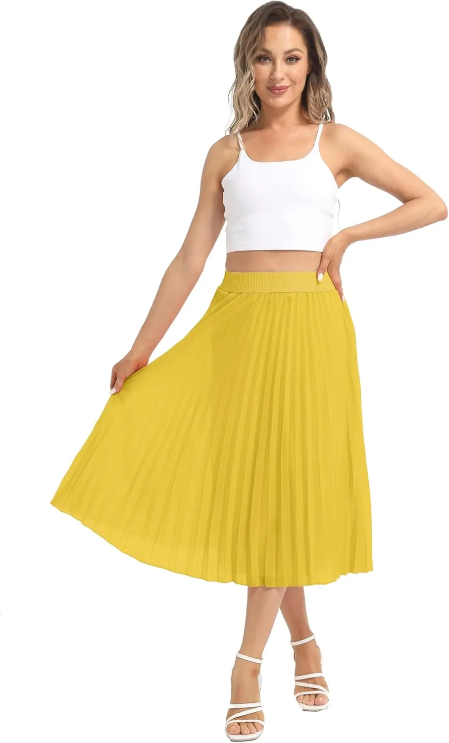 Womens Chiffon High Waist Skirt Pleated A-Line Swing Elastic Shirring Midi Length