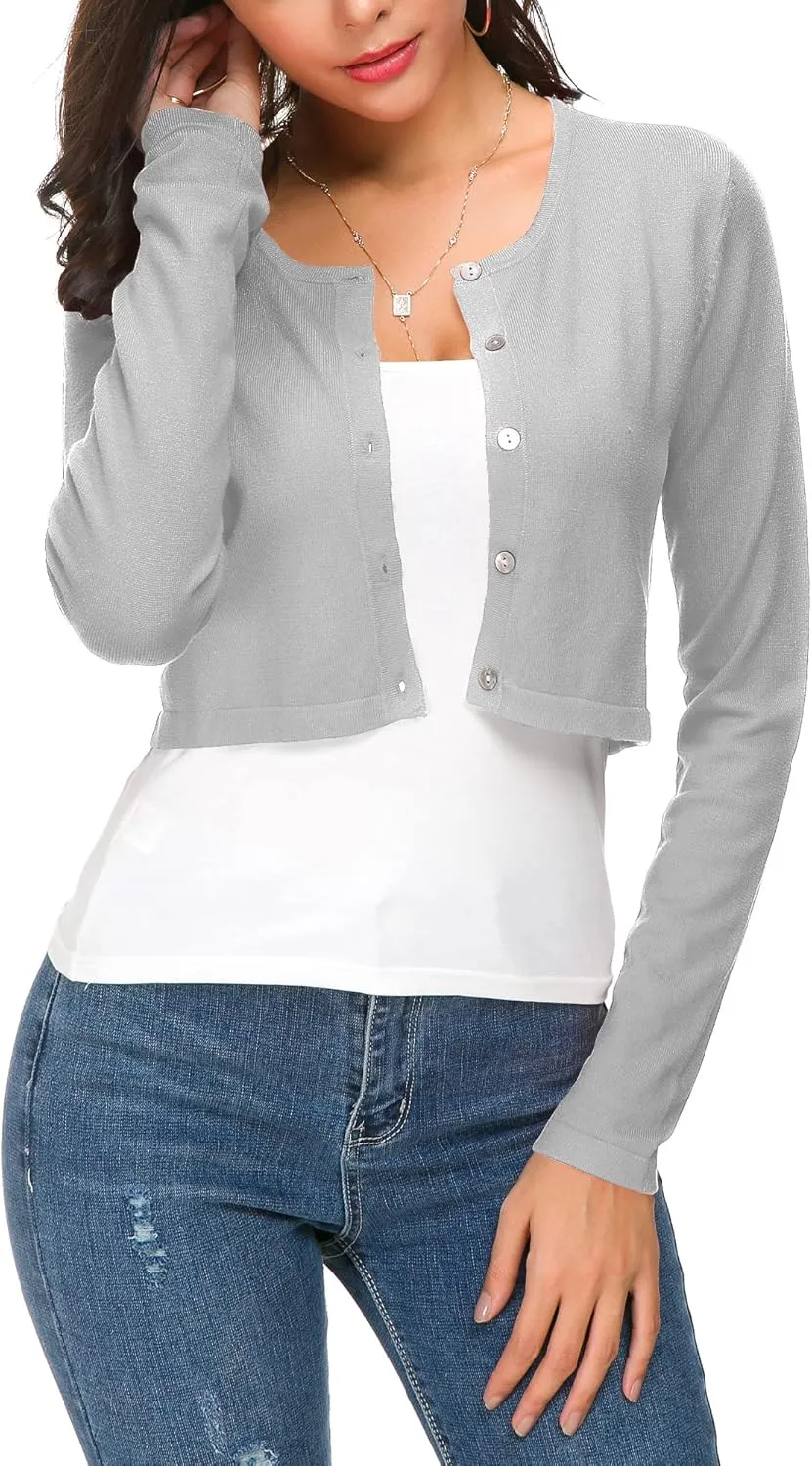 Women's Cropped Knit Cardigan Sweater Long Sleeve Button Down Open Front Bolero Shrug for Spring and Fall