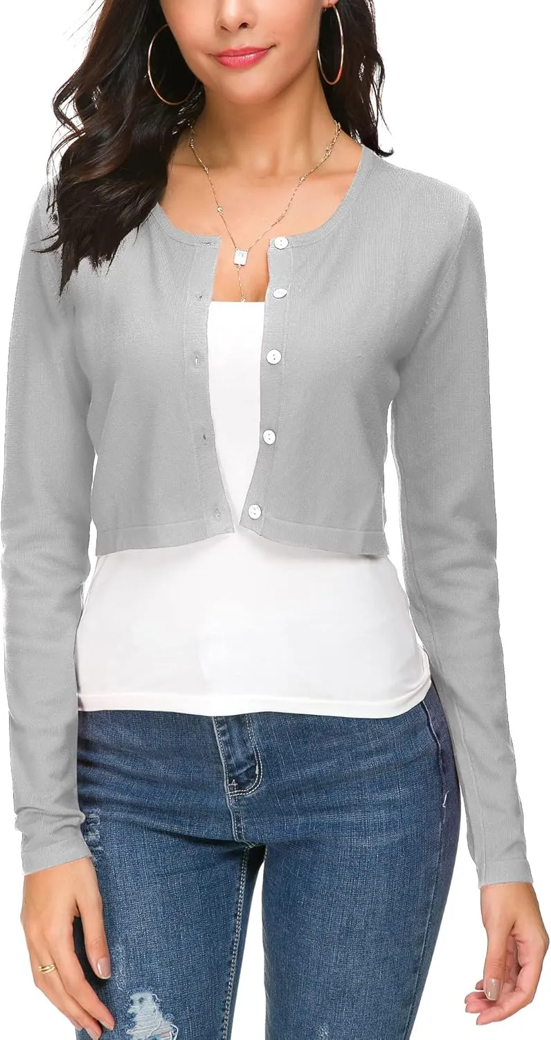 Women's Cropped Knit Cardigan Sweater Long Sleeve Button Down Open Front Bolero Shrug for Spring and Fall
