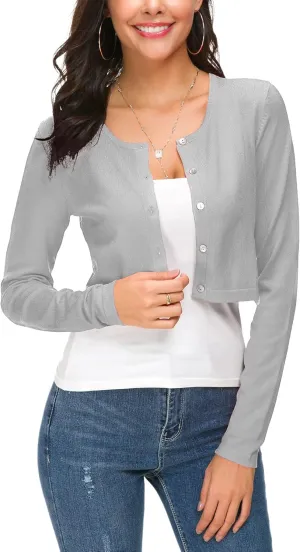 Women's Cropped Knit Cardigan Sweater Long Sleeve Button Down Open Front Bolero Shrug for Spring and Fall
