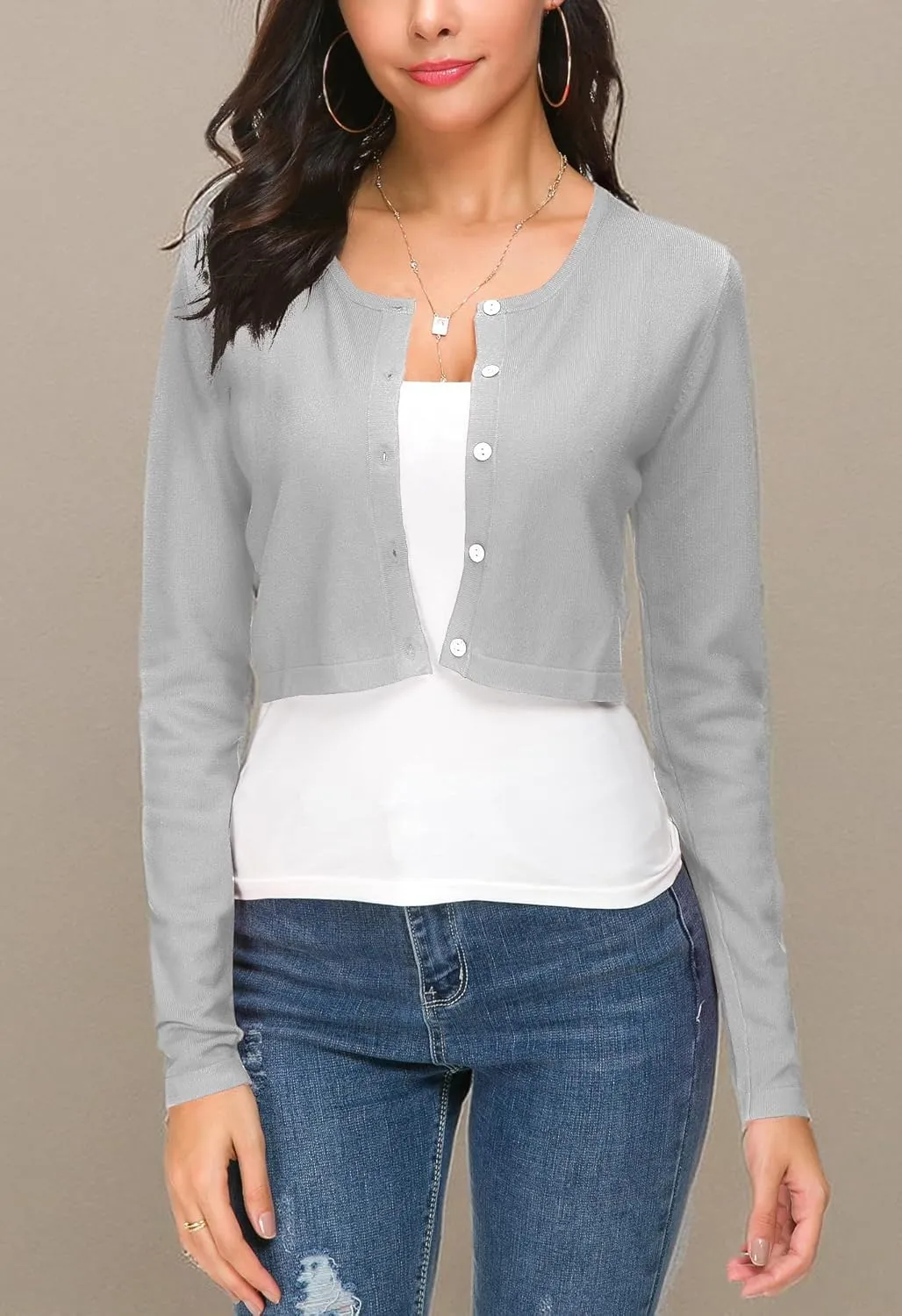 Women's Cropped Knit Cardigan Sweater Long Sleeve Button Down Open Front Bolero Shrug for Spring and Fall