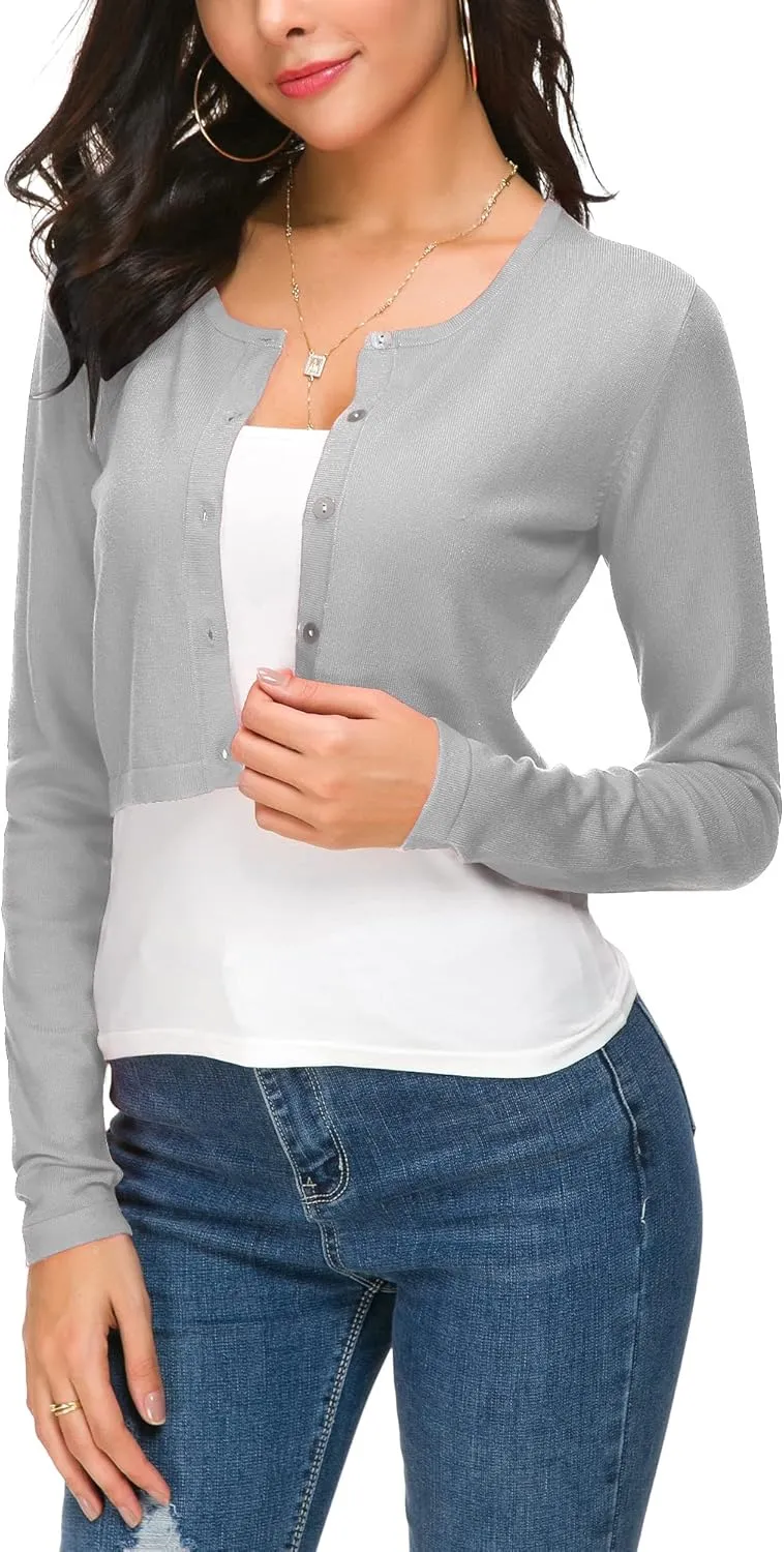 Women's Cropped Knit Cardigan Sweater Long Sleeve Button Down Open Front Bolero Shrug for Spring and Fall