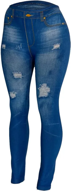 Women's Denim Print Fake Jeans Seamless Fleece Lined Leggings, Full Length