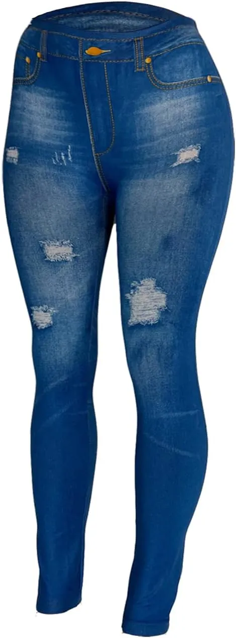 Women's Denim Print Fake Jeans Seamless Fleece Lined Leggings, Full Length
