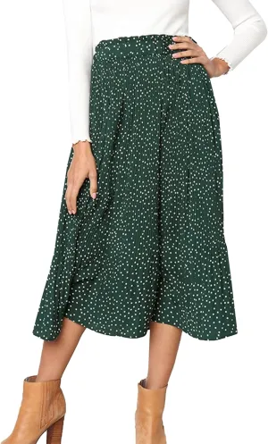 Womens Elegant High Elastic Waist Polka dot Print Pleated Midi Skirt with Pockets